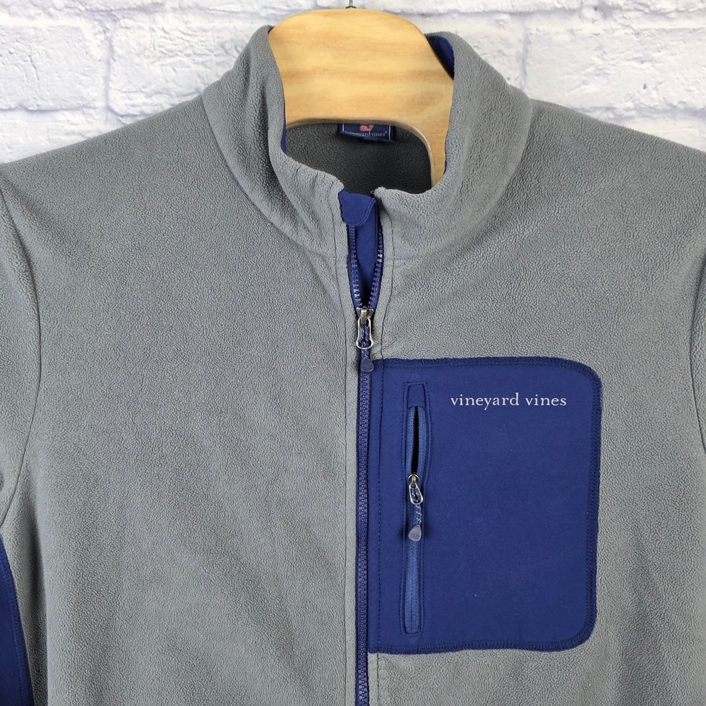 Vineyard Vines Mens Gray Navy Blue Full Zip Fleece Harbor‎ Jacket Pocket Sz XL